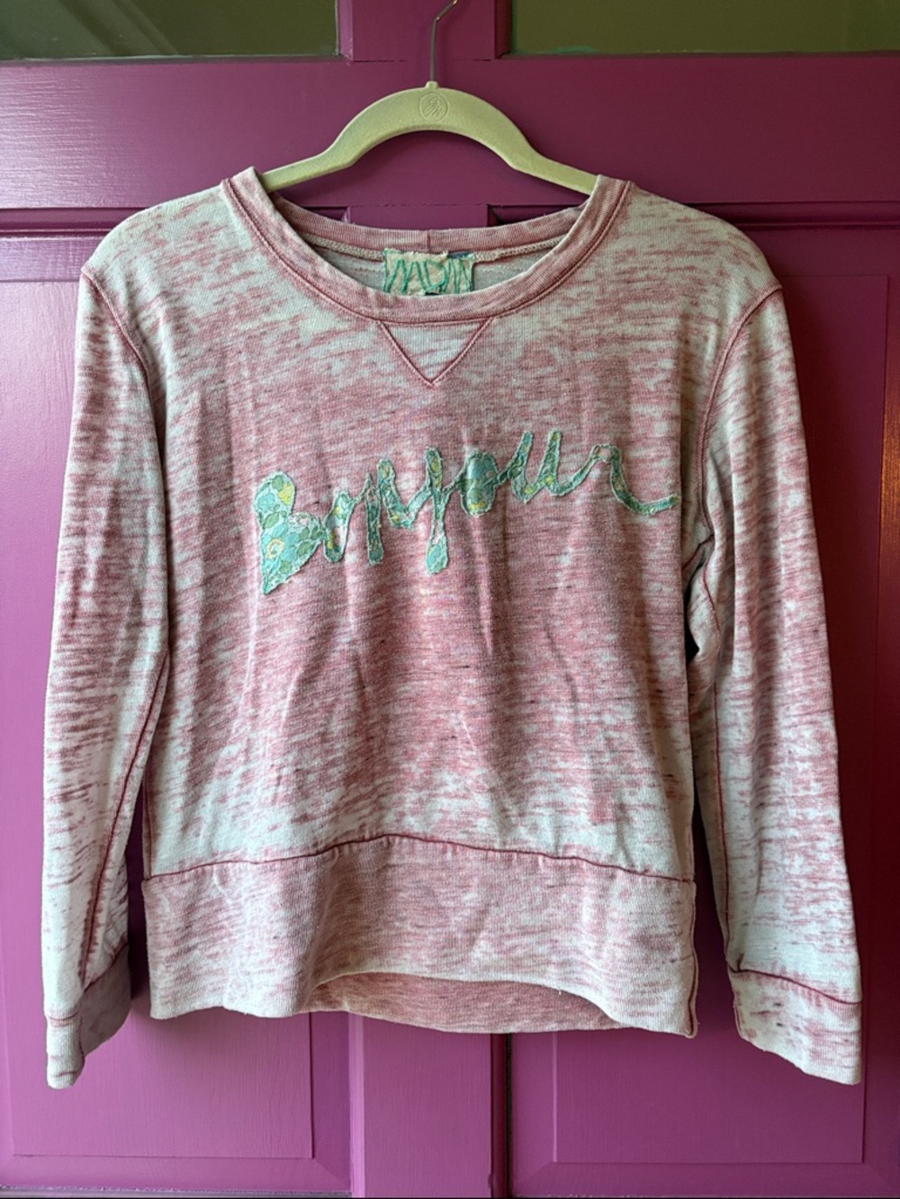 Monrow Pink Marled "Bonjour" Applique Sweatshirt